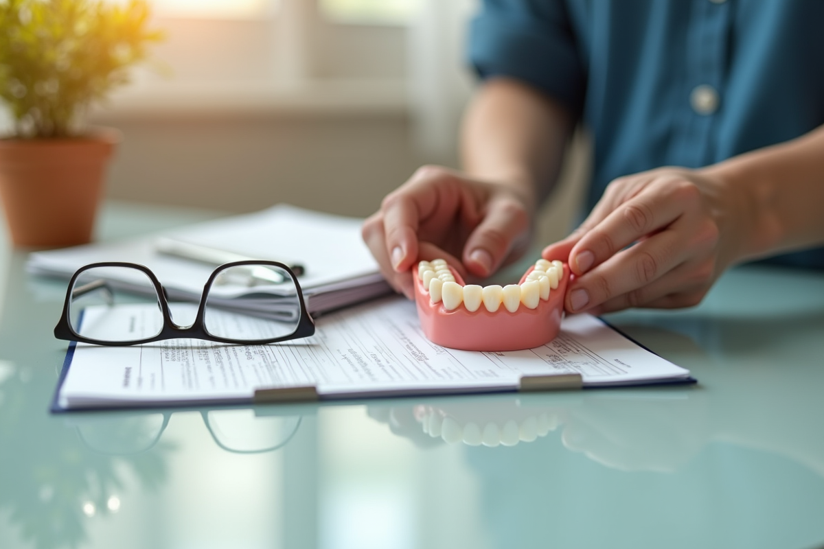 Main posant des dents sur une table avec documents santé