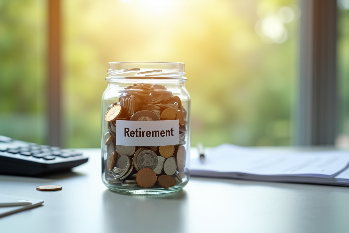Pot de retraite rempli de monnaies sur un bureau lumineux