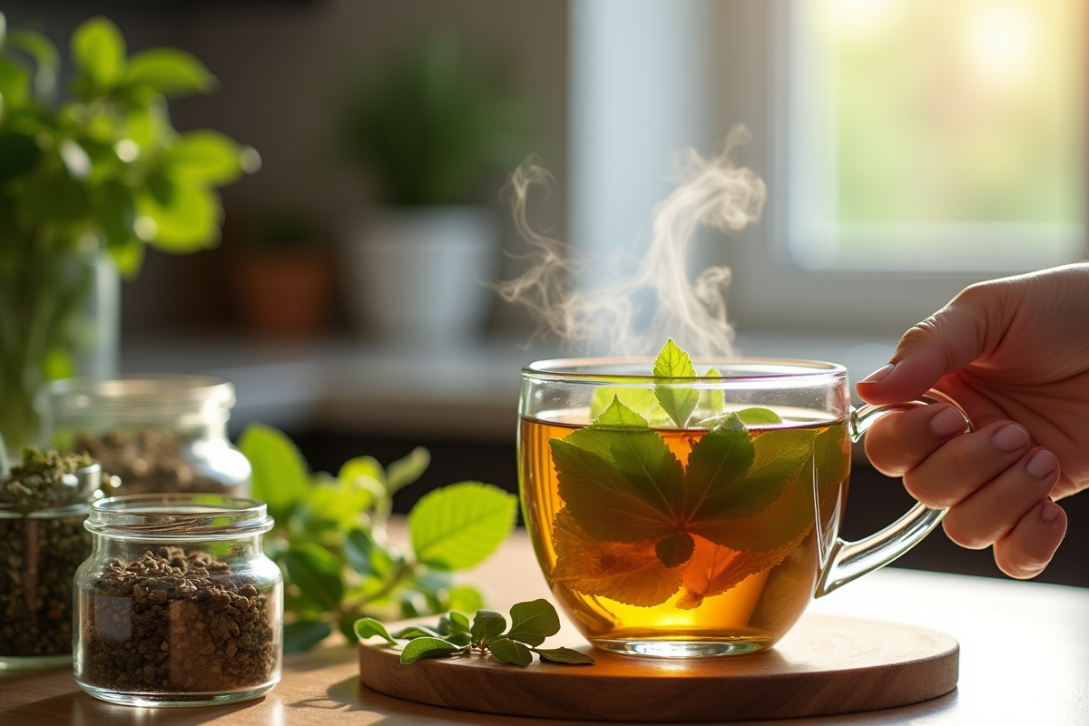 Préparation d une tisane aux herbes dans une cuisine lumineuse