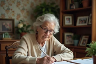 Une femme âgée sereine rédige ses directives funéraires à son bureau, entourée de photos de famille et de documents administratifs.