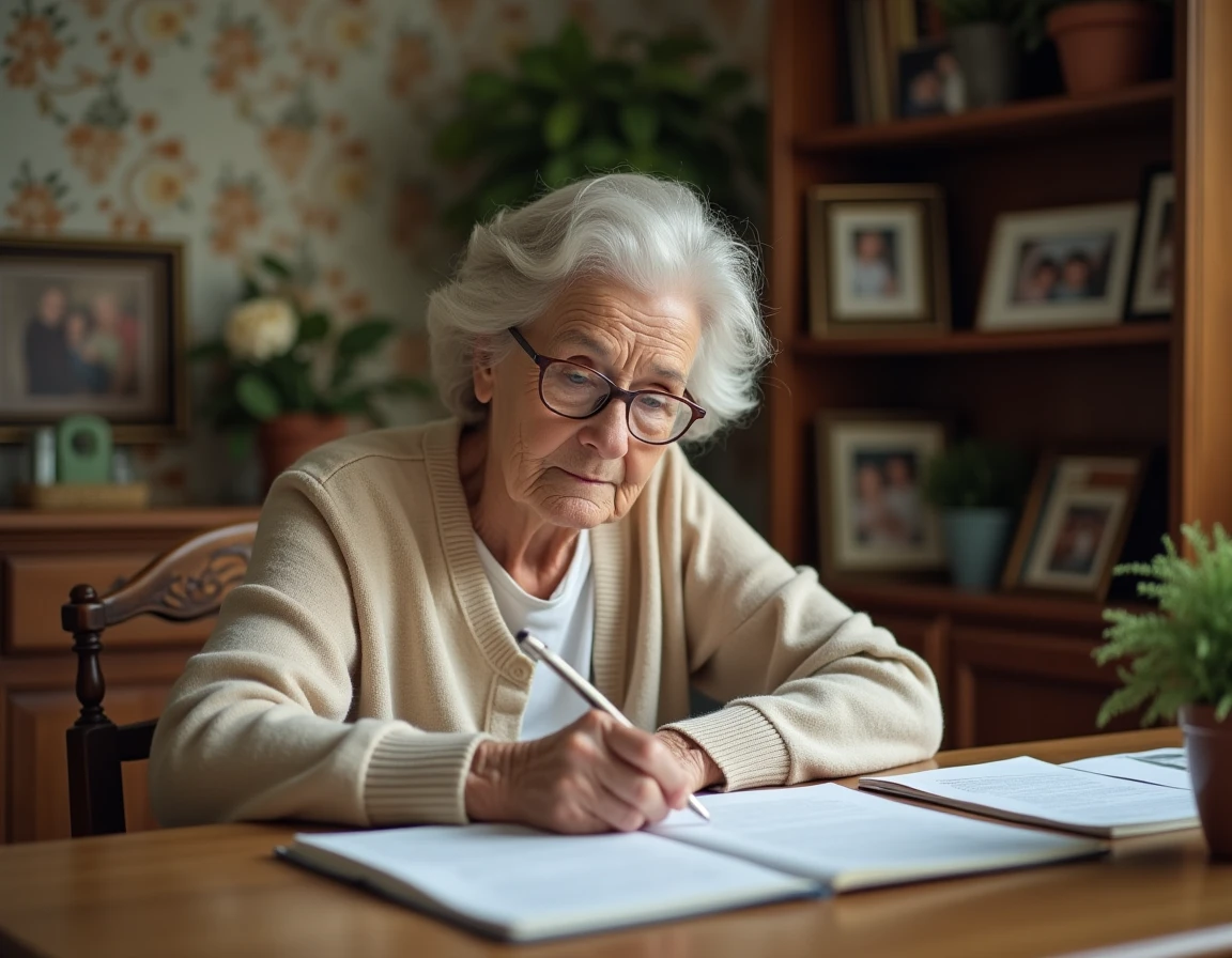Une femme âgée sereine rédige ses directives funéraires à son bureau, entourée de photos de famille et de documents administratifs.