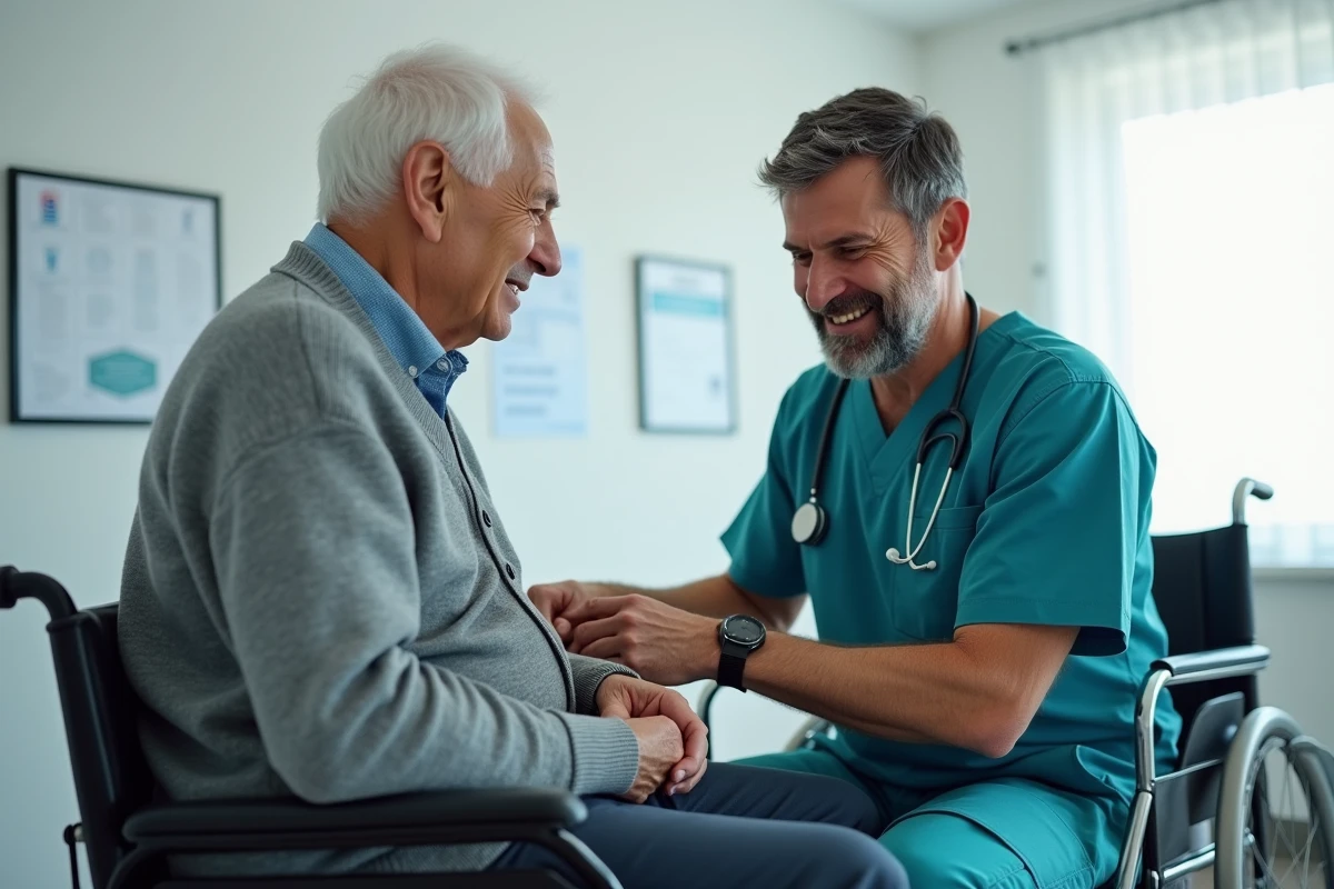 Professionnel de santé aidant un homme âgé à boutonner son cardigan