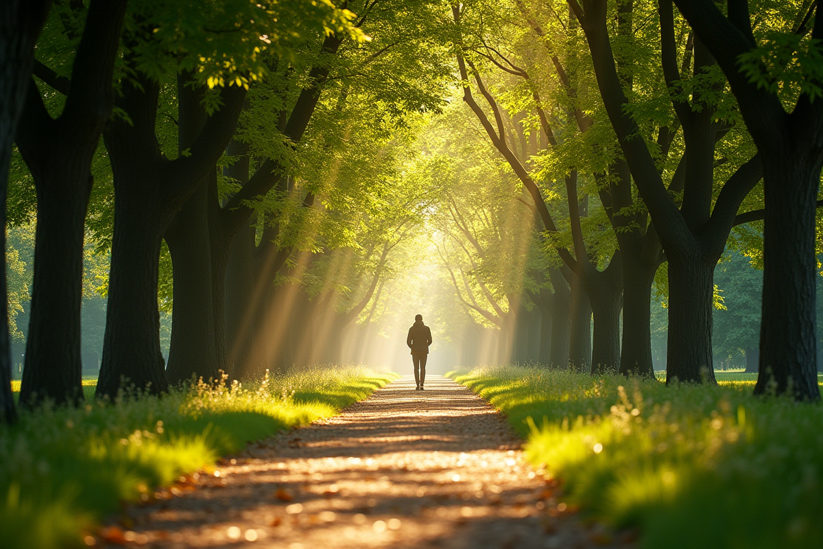 Personne marchant dans un parc ensoleille avec des arbres