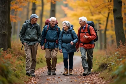 Groupe de seniors célibataires en randonnée dans une forêt automnale, riant et partageant un moment d'amitié sur un sentier boisé