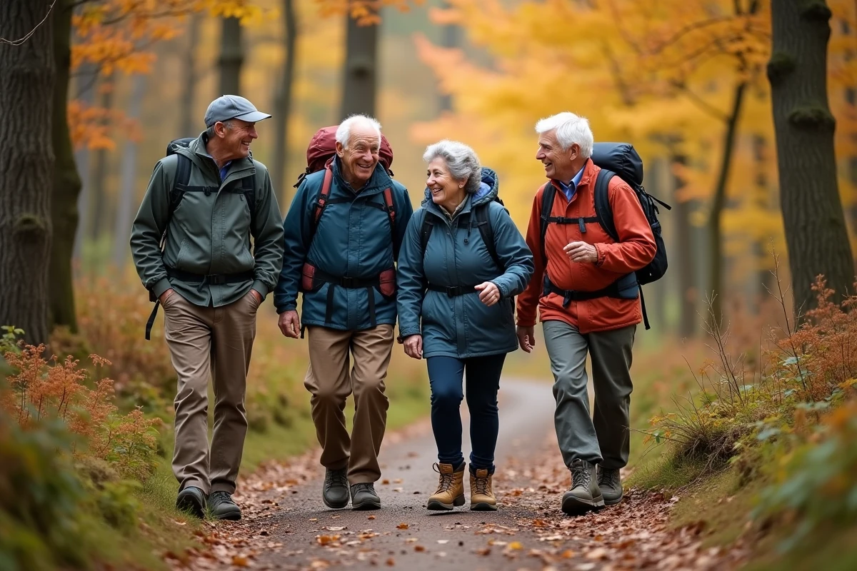 Groupe de seniors célibataires en randonnée dans une forêt automnale, riant et partageant un moment d'amitié sur un sentier boisé