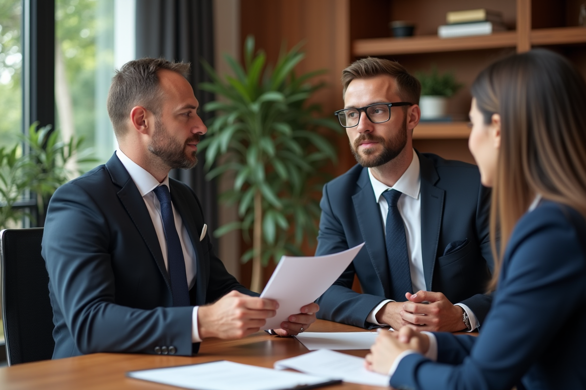 Homme en costume remettant un dossier à un conseiller dans un bureau lumineux