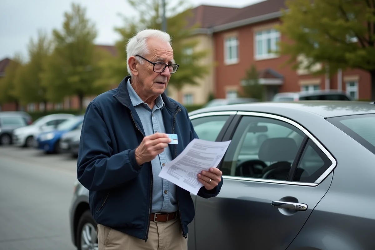 Un homme senior tenant son permis de conduire et une convocation médicale devant sa voiture, illustrant les démarches du permis après 70 ans