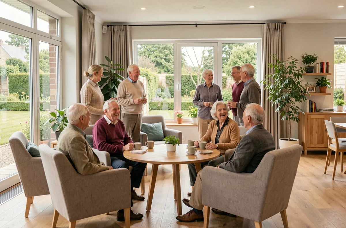 Groupe de résidents seniors réunis dans le salon commun d'une résidence senior en Ille-et-Vilaine