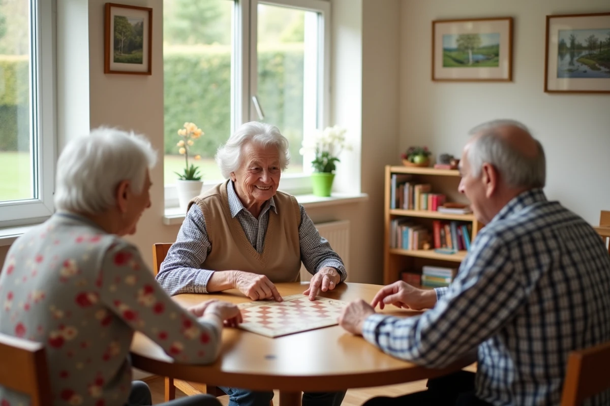 Résidents d'une maison de repos belge jouant ensemble dans une salle commune conviviale et lumineuse
