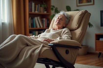 Femme agee dormant paisiblement dans un fauteuil moderne