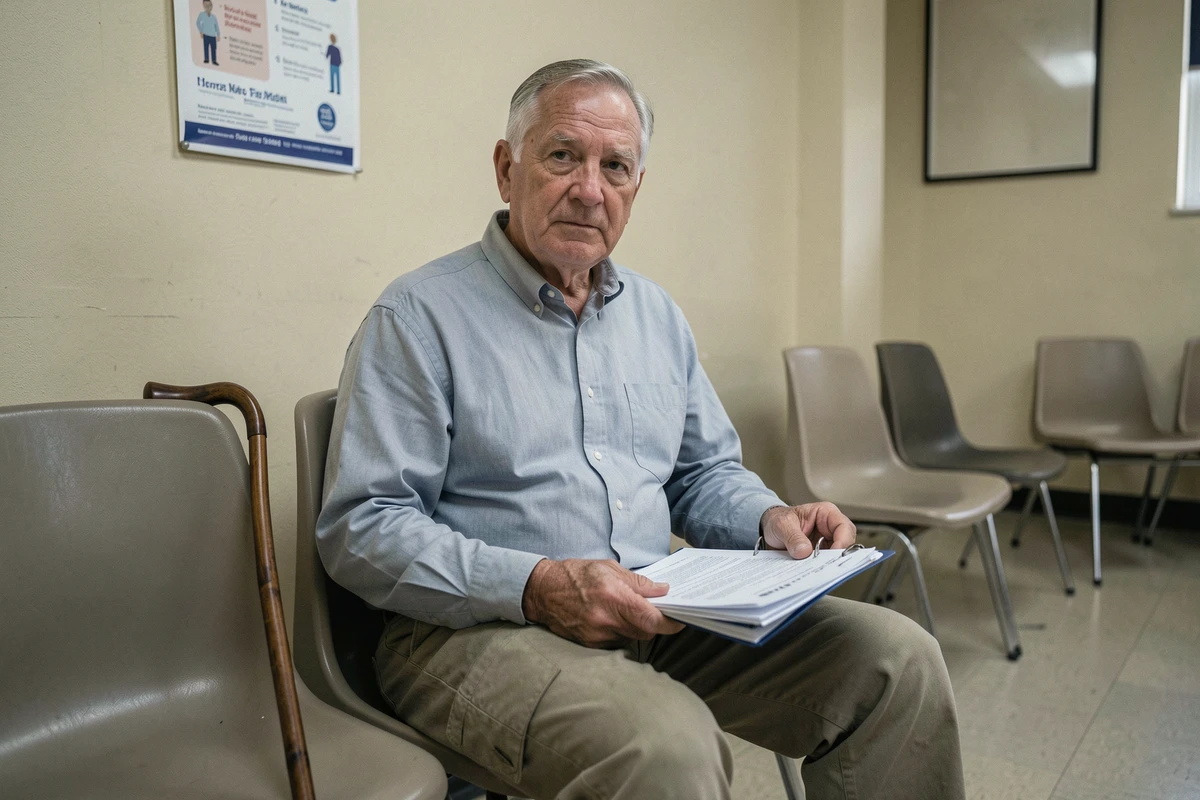 Homme retraité en situation de handicap attendant dans une salle de service social avec ses dossiers AAH