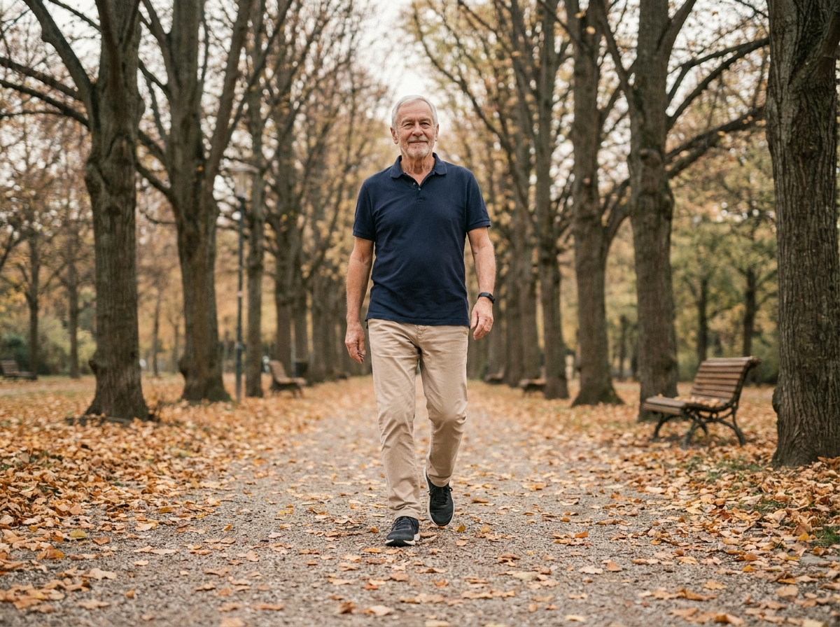 Retraité marchant en plein air dans un parc en automne pour prendre soin de sa santé