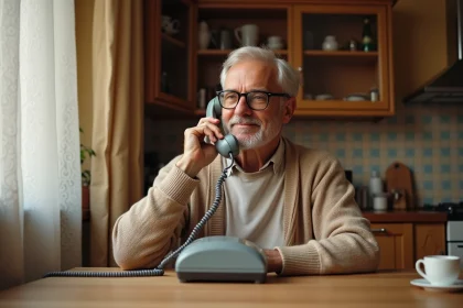 Retraité SNCF contactant le service client par téléphone depuis son domicile