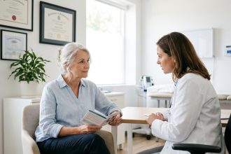 Femme retraitée en consultation médicale discutant de sa santé avec son médecin
