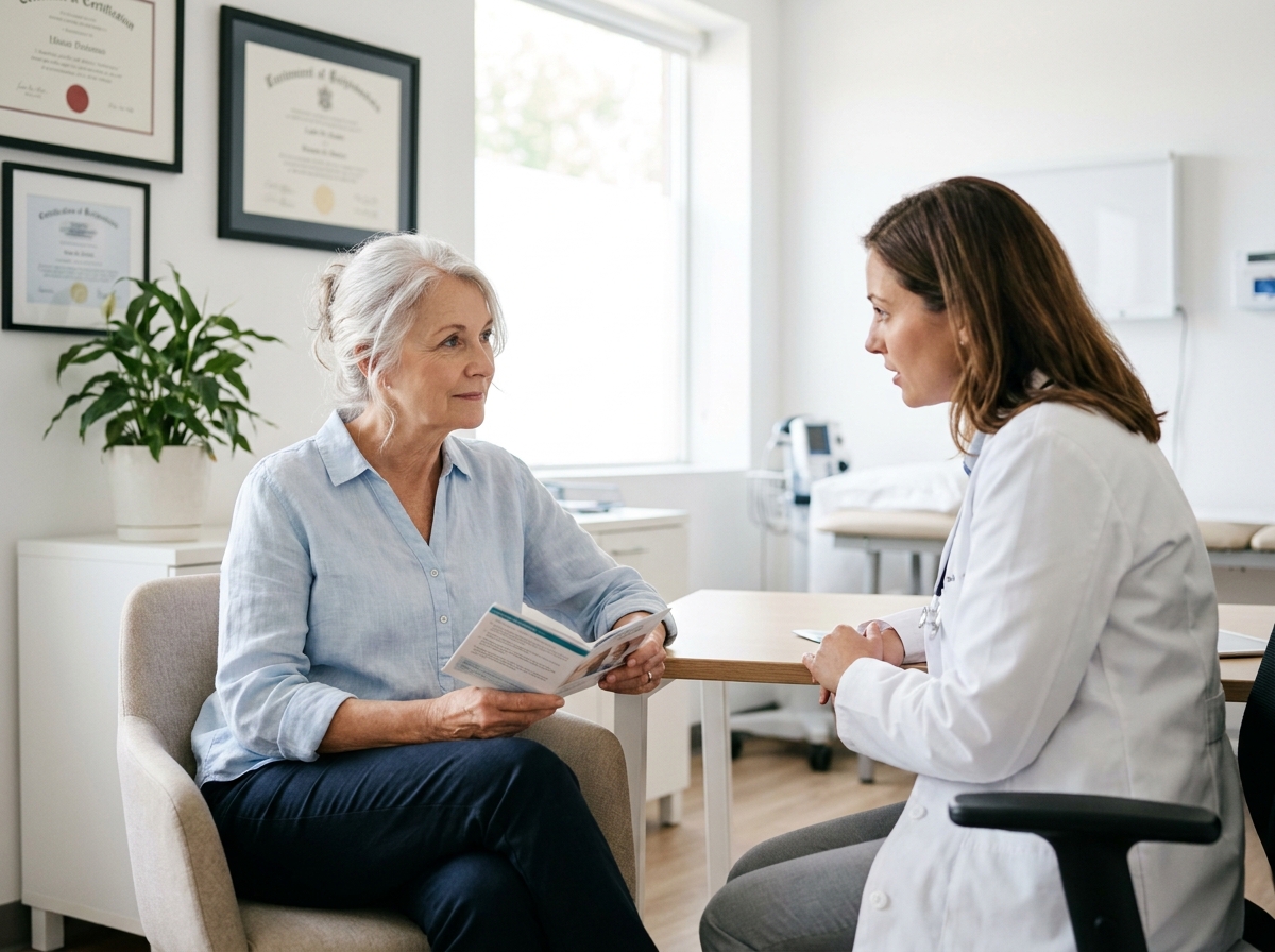 Femme retraitée en consultation médicale discutant de sa santé avec son médecin