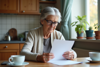 Femme senior française lisant une lettre de pension