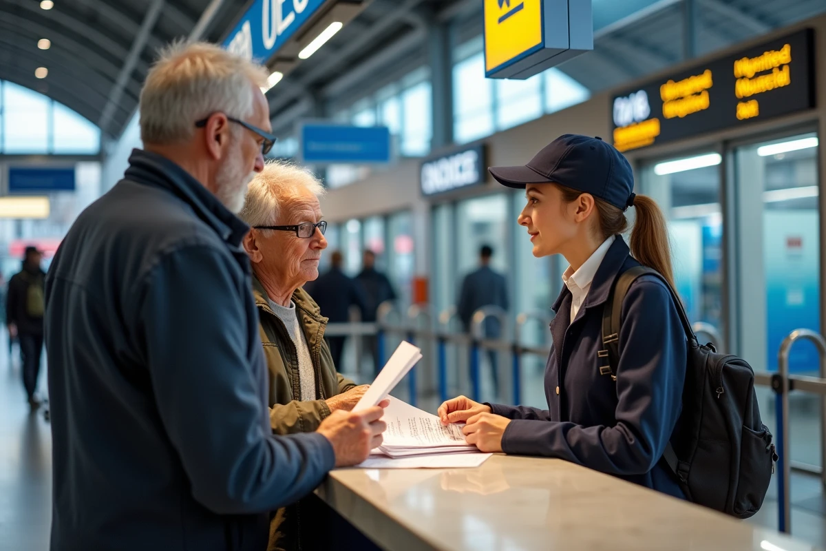 Couple de retraités SNCF en train d'obtenir de l'aide au guichet d'une gare française