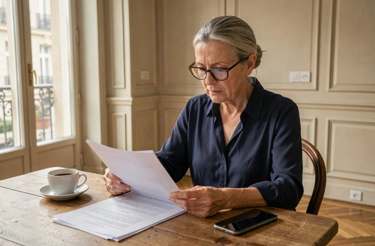 Femme senior autonome dans un appartement parisien haussmannien, consultant des documents sur la gestion à domicile