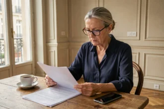 Femme senior autonome dans un appartement parisien haussmannien, consultant des documents sur la gestion à domicile
