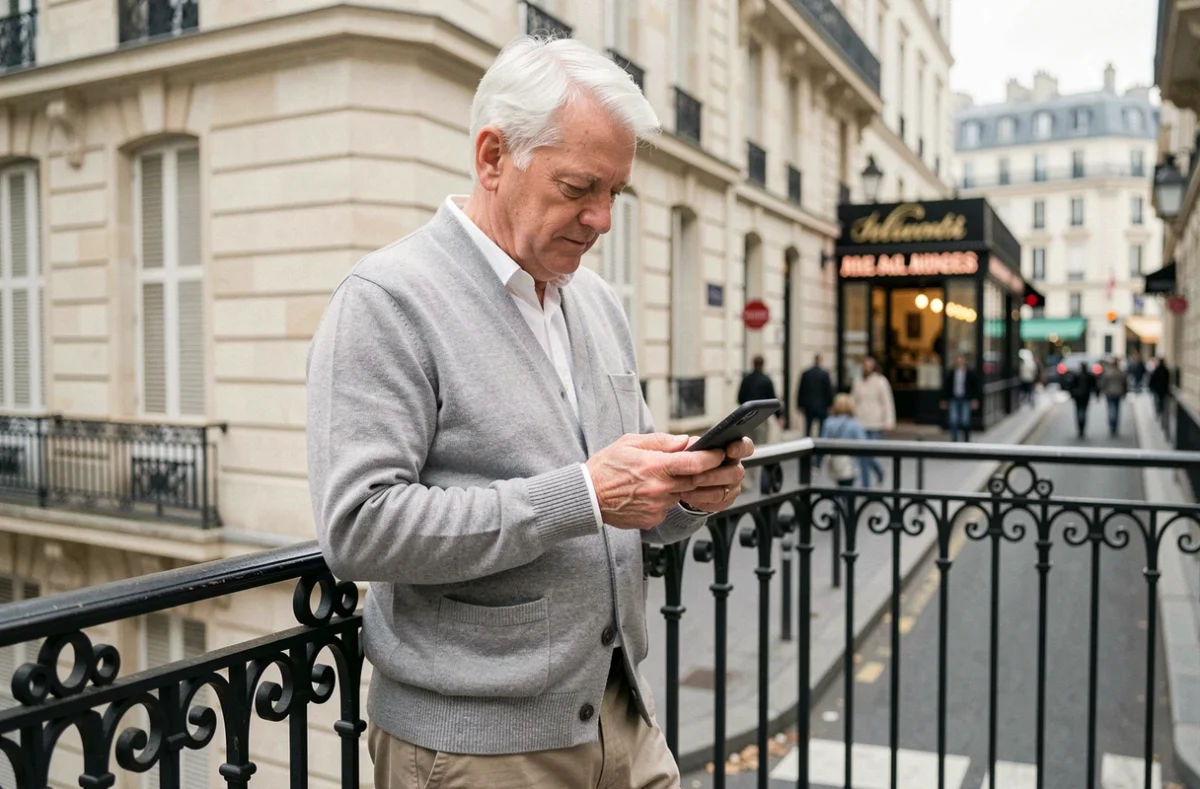 Senior autonome consultant son smartphone dans une rue parisienne typique, illustrant l'indépendance à domicile