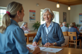 Femme senior souriante parlant avec un conseiller dans un centre communautaire