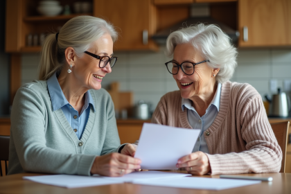 Femme senior lisant des documents avec une assistante