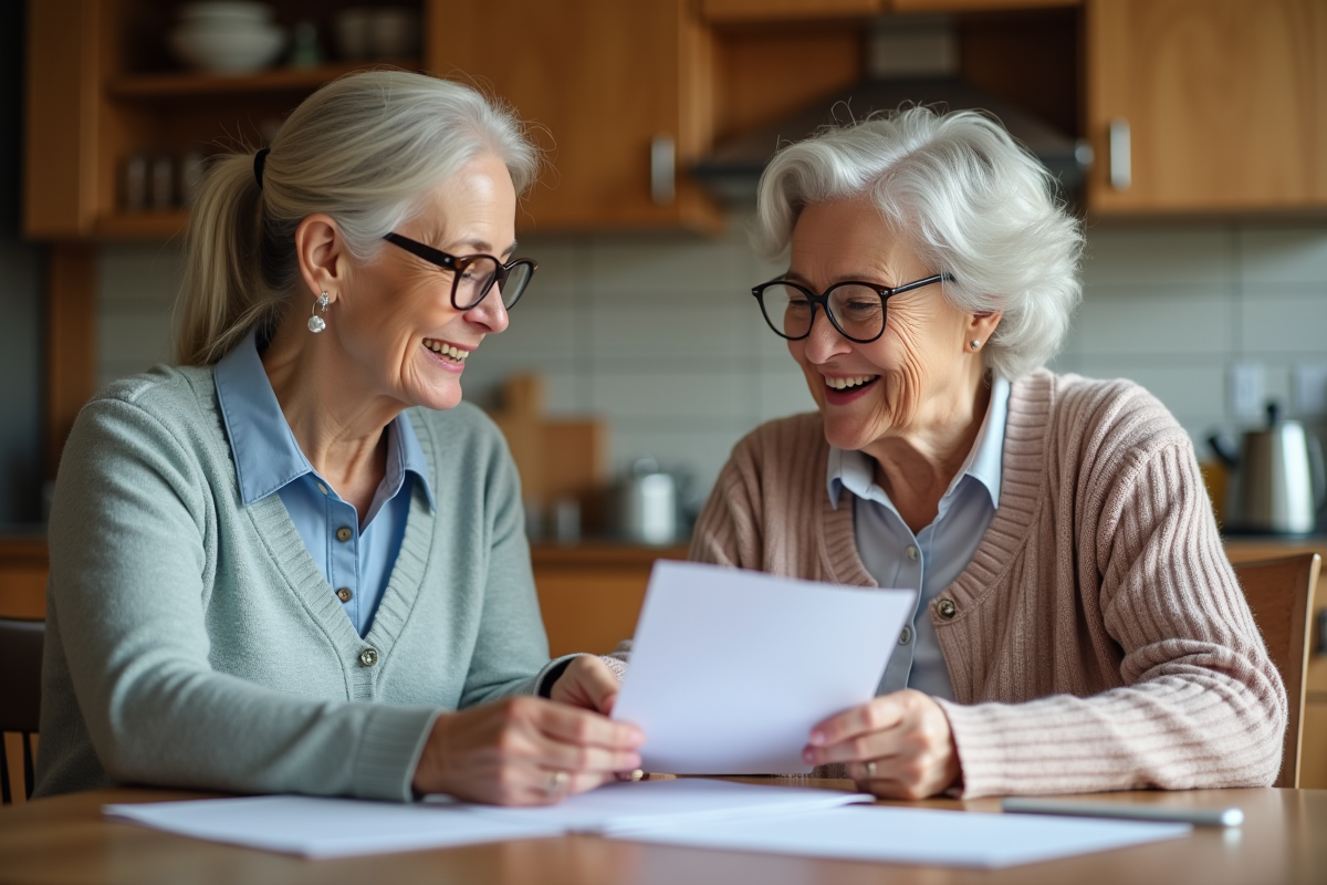 Femme senior lisant des documents avec une assistante