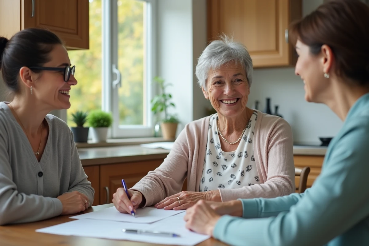 Femme âgée discutant de papiers avec une conseillère dans une cuisine lumineuse