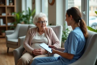 Femme senior parlant avec une infirmiere dans une salle moderne