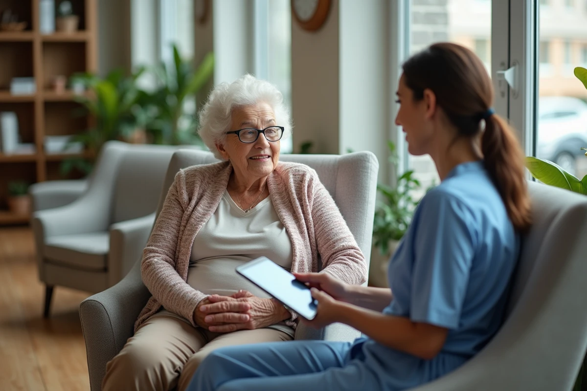 Femme senior parlant avec une infirmiere dans une salle moderne