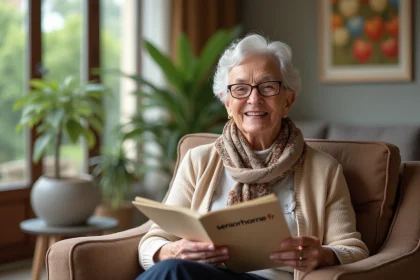 Femme senior souriante dans un salon chaleureux