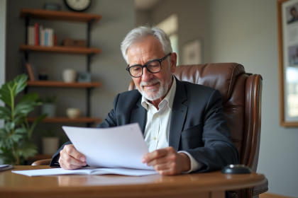 Homme senior en costume lisant des documents de retraite