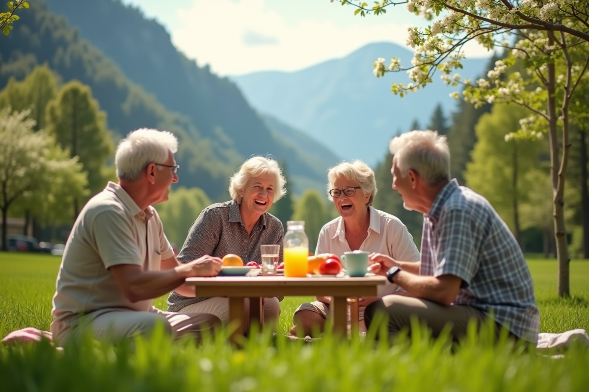 Groupe de seniors profitant d un pique-nique dans un parc vert