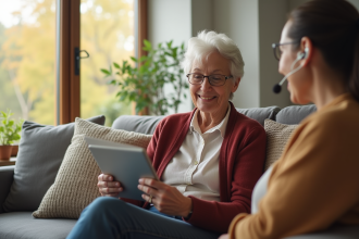 Seniore souriante utilisant une tablette lors d'un appel vidéo d'aide