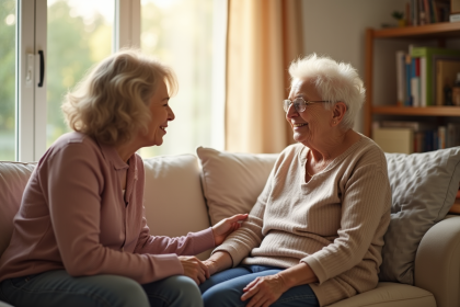 Seniore souriante en conversation chaleureuse avec un aidant