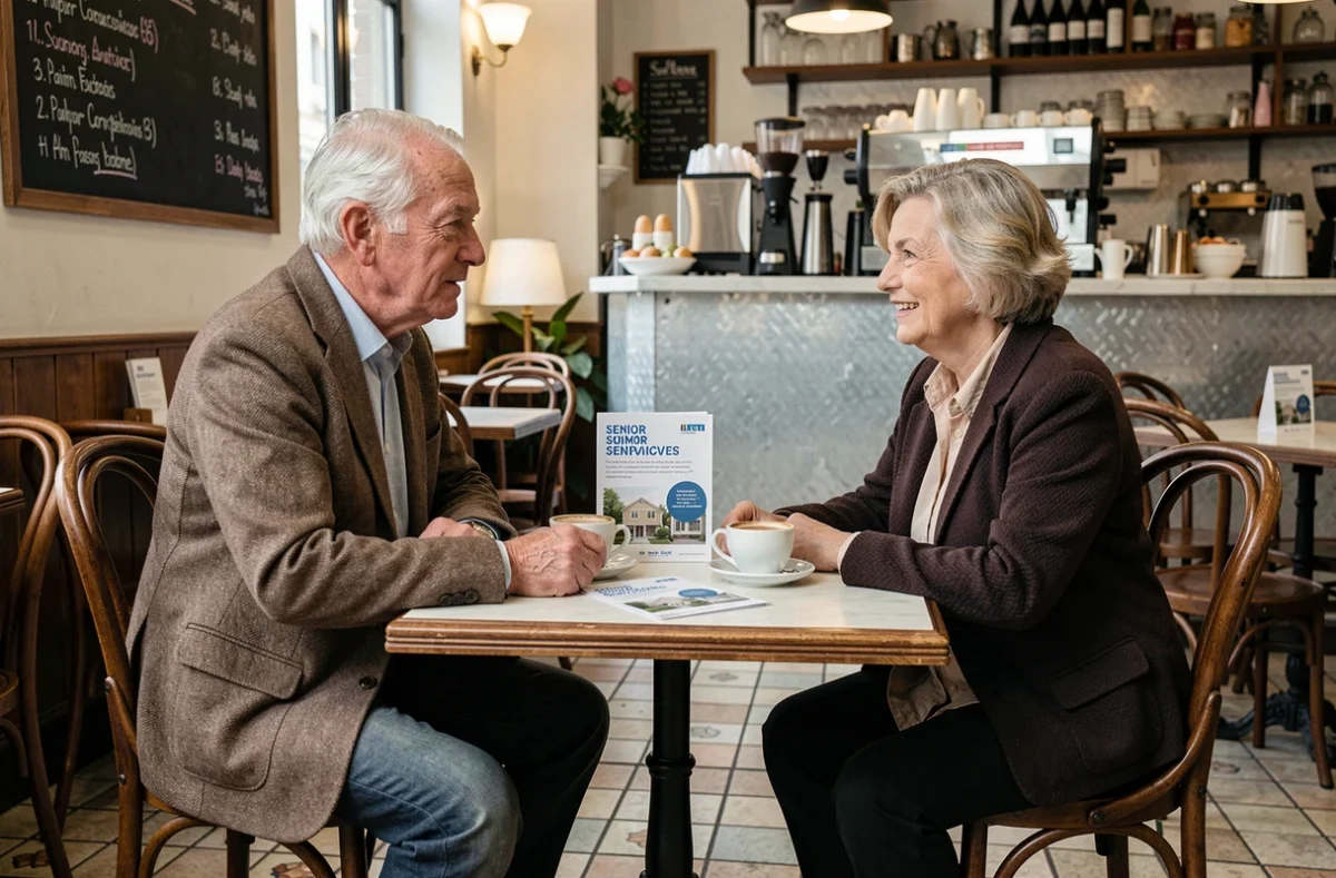 Couple de seniors discutant d'un service de gestion à domicile dans un café parisien avec brochure sur la table