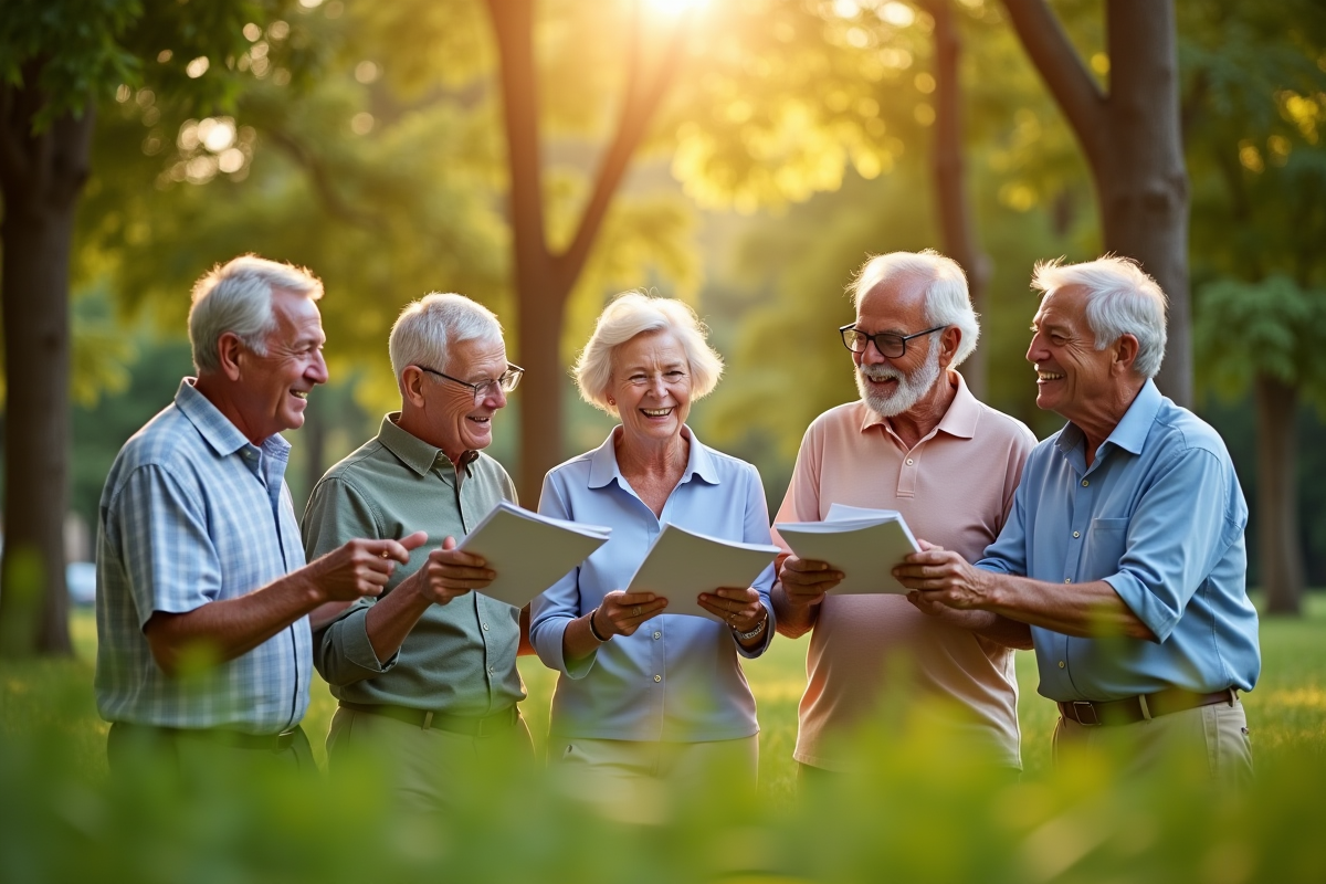 Groupe de seniors discutant dans un parc ensoleille