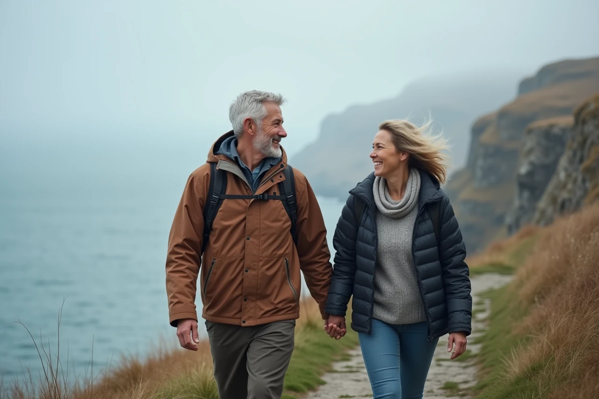 Un homme et une femme seniors en randonnée côtière le long d'une falaise, marchant ensemble et discutant avec l'océan en arrière-plan
