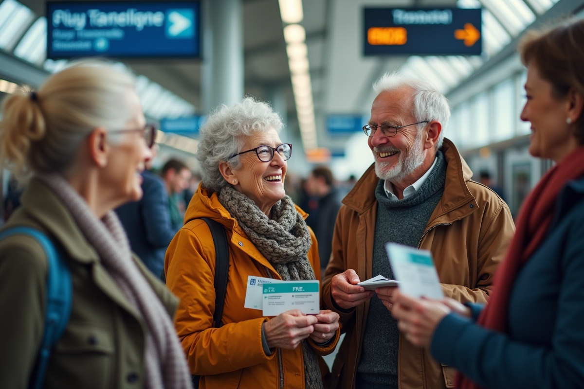 Groupe de seniors souriants dans une gare avec cartes de voyage