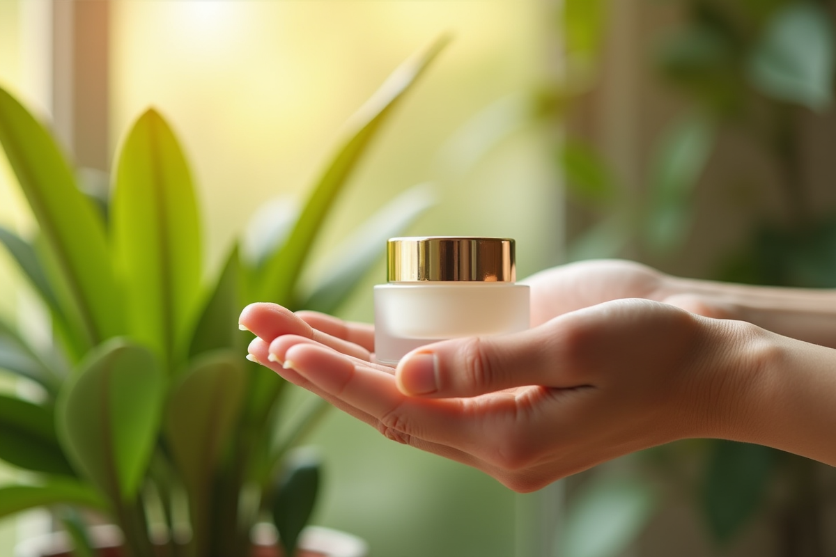 Mains tenant un flacon de serum antiage avec feuilles vertes fraîches