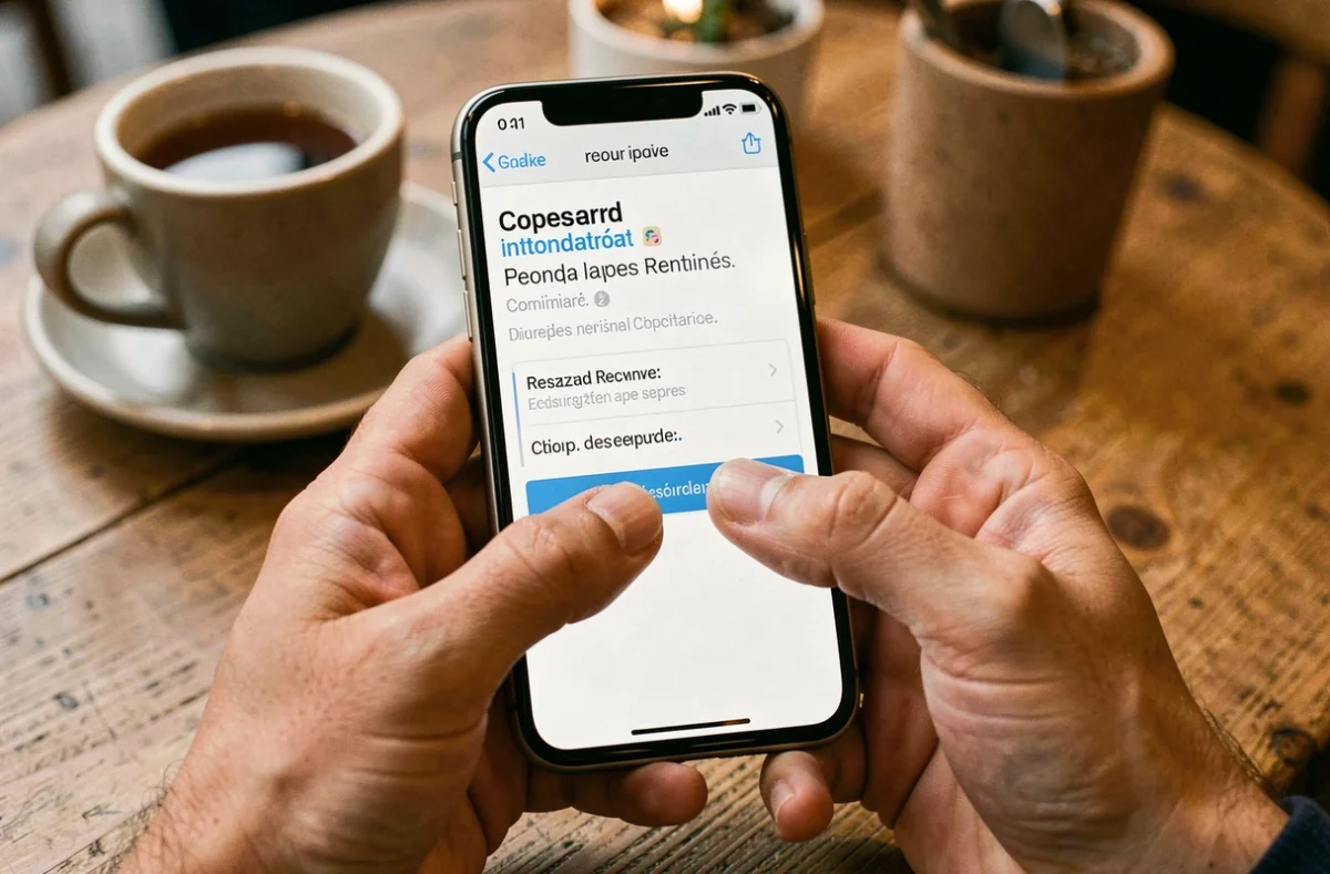 Mains tenant un smartphone affichant une page de récupération de mot de passe LogisFil dans un café