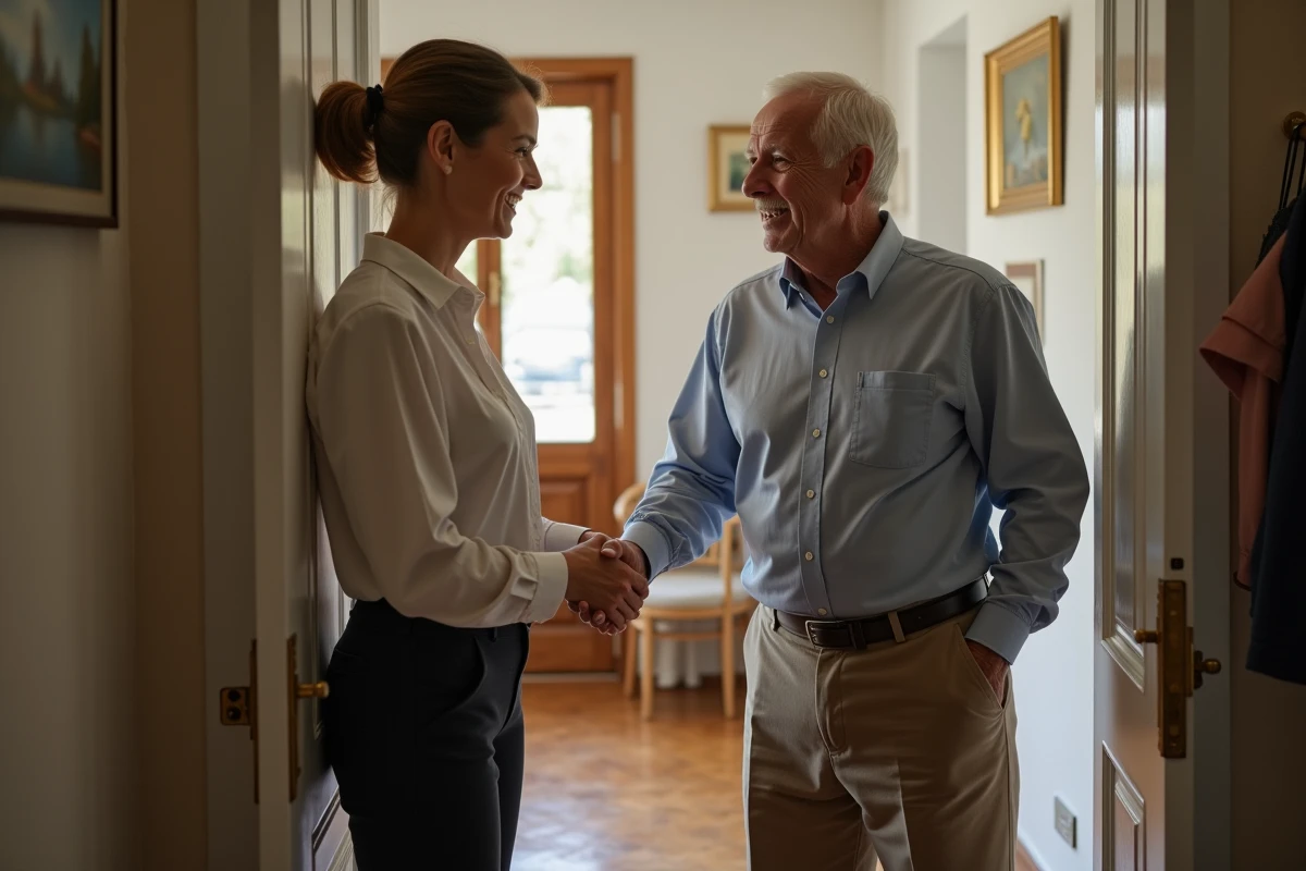 Travailleuse sociale accueillant un homme âgé à la porte