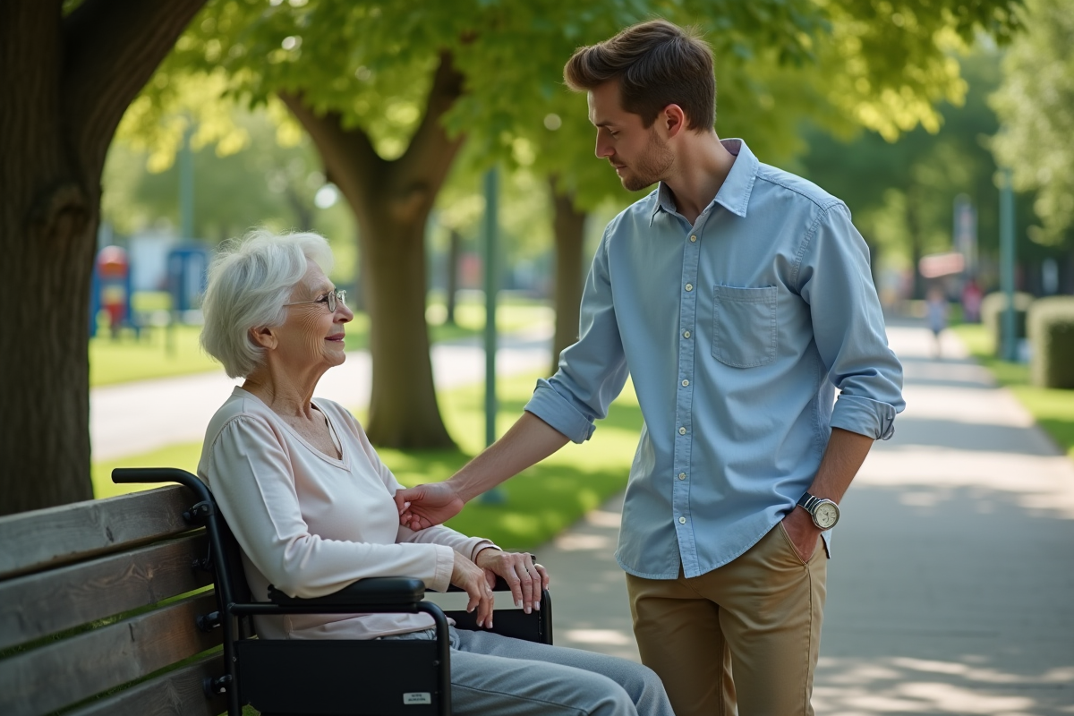 Jeune homme aidant une femme âgée en fauteuil dans un parc