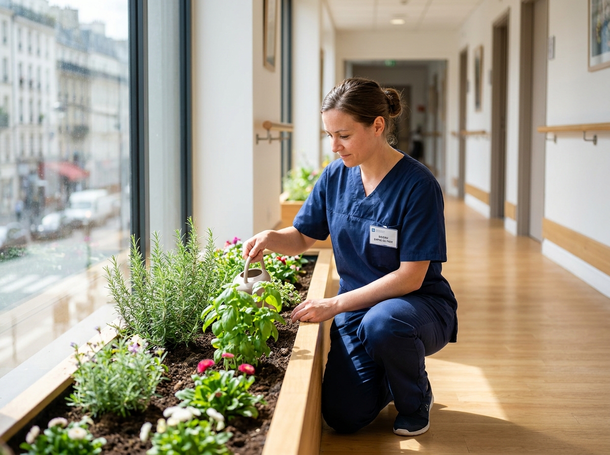 Soignante en EHPAD arrosant des plantes dans un couloir lumineux avec vue sur la ville