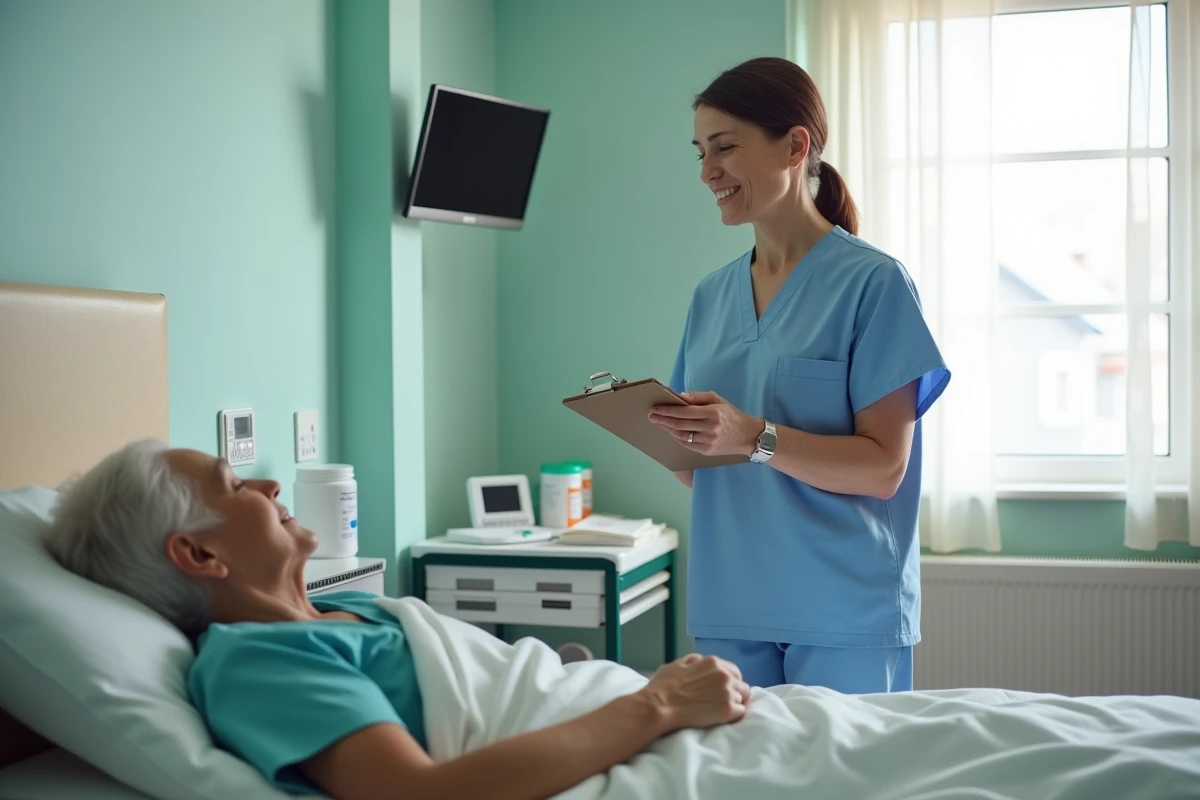 Soignante en blouse médicale observant une résidente âgée endormie dans sa chambre de maison de retraite, attitude bienveillante et professionnelle