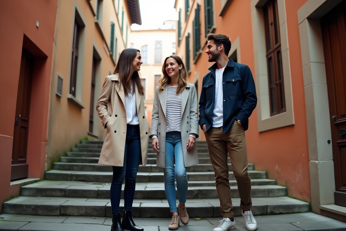 Groupe de jeunes adultes se retrouvant dans une traboule de Vieux-Lyon après s'être rencontrés via Quintonic, illustrant les sorties et rencontres locales