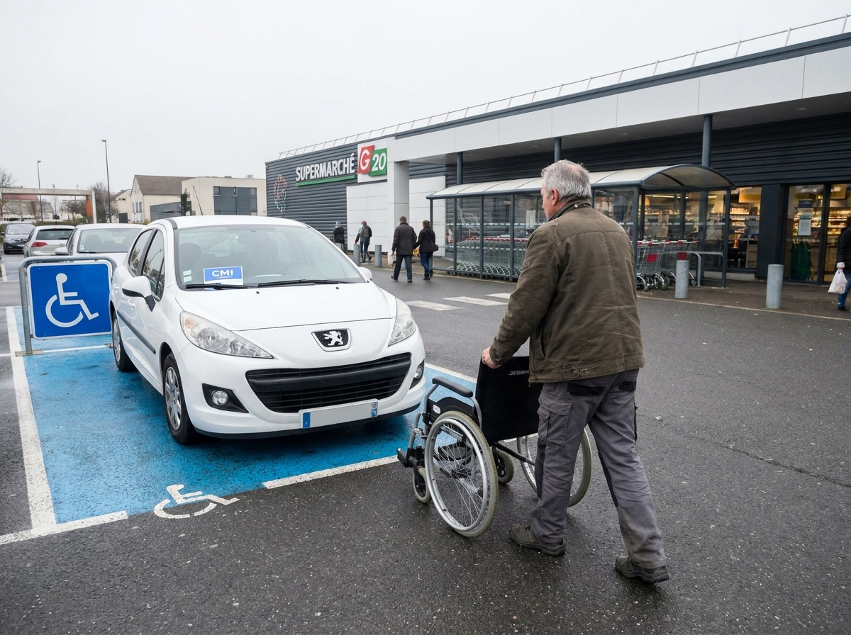 Homme en fauteuil roulant se dirigeant vers une place de stationnement réservée aux personnes handicapées dans un parking de supermarché