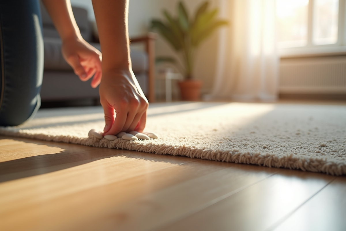 Salon lumineux avec tapis moderne et adhésifs en place