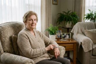 Une femme âgée appuie sur son bouton de téléassistance au poignet, assise dans un fauteuil confortable chez elle, illustrant la sécurité à domicile pour les seniors