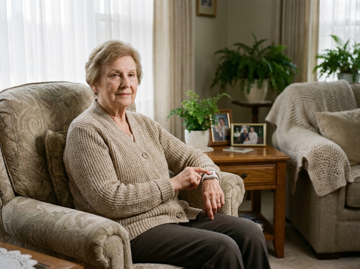 Une femme âgée appuie sur son bouton de téléassistance au poignet, assise dans un fauteuil confortable chez elle, illustrant la sécurité à domicile pour les seniors
